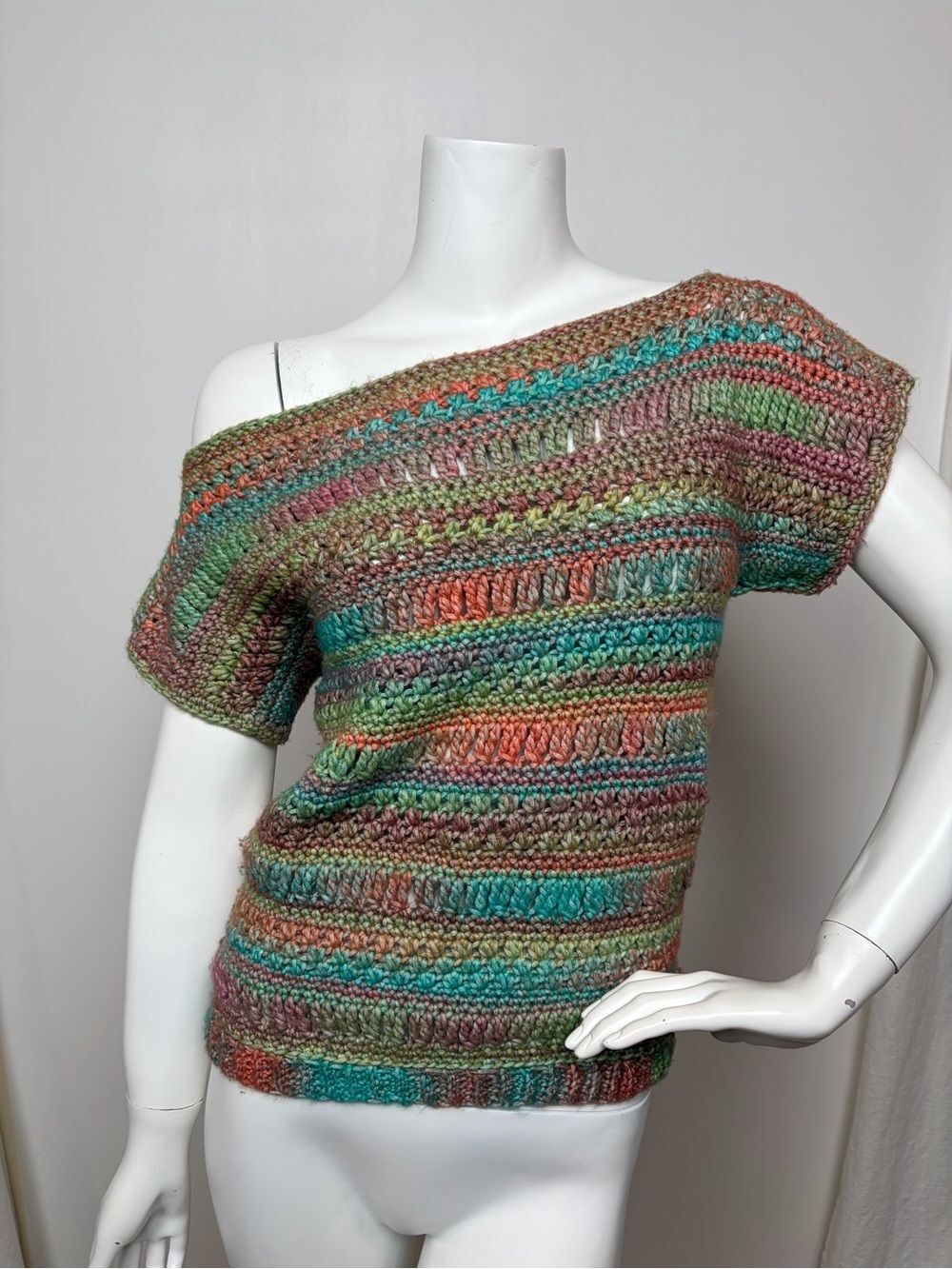 HAND CRAFTED T Shirt Crochet Sweater Multicolor Off the Shoulder